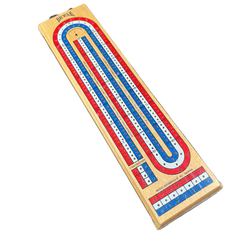 Wooden cribbage board with red and blue tracks on a black background