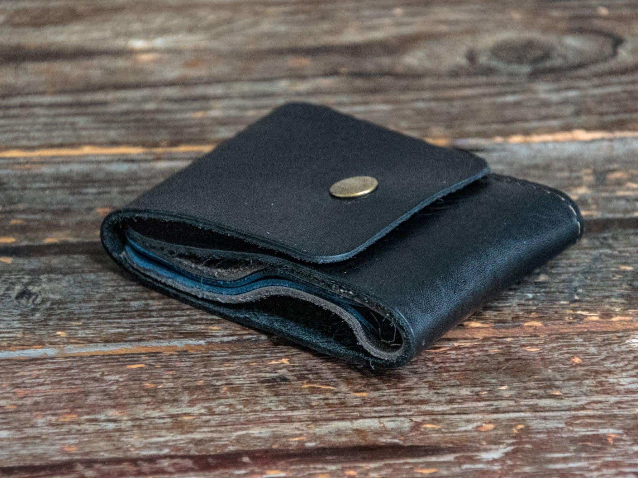 Leather Billfold Wallet * Tri - Toned Black/Blue/Wolf leather colors