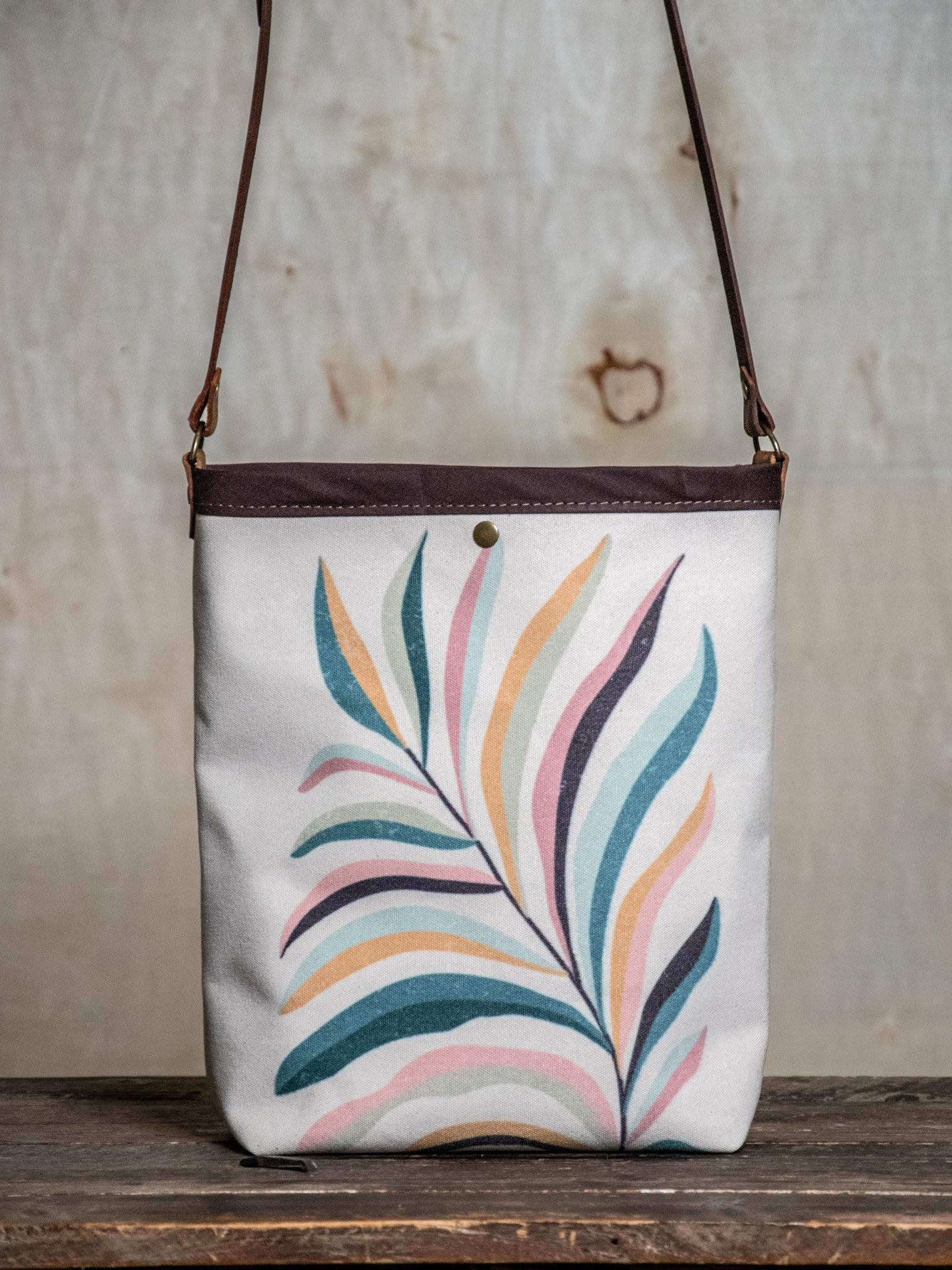Canvas and Leather Tote Bag * Multicolor and Beige * Rainbow Fern Plant Leaf * In (Camp) Blue collab