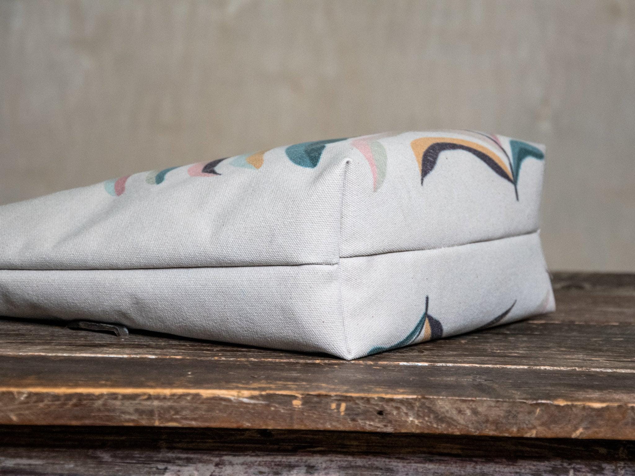 Canvas and Leather Tote Bag * Multicolor and Beige * Rainbow Fern Plant Leaf * In (Camp) Blue collab