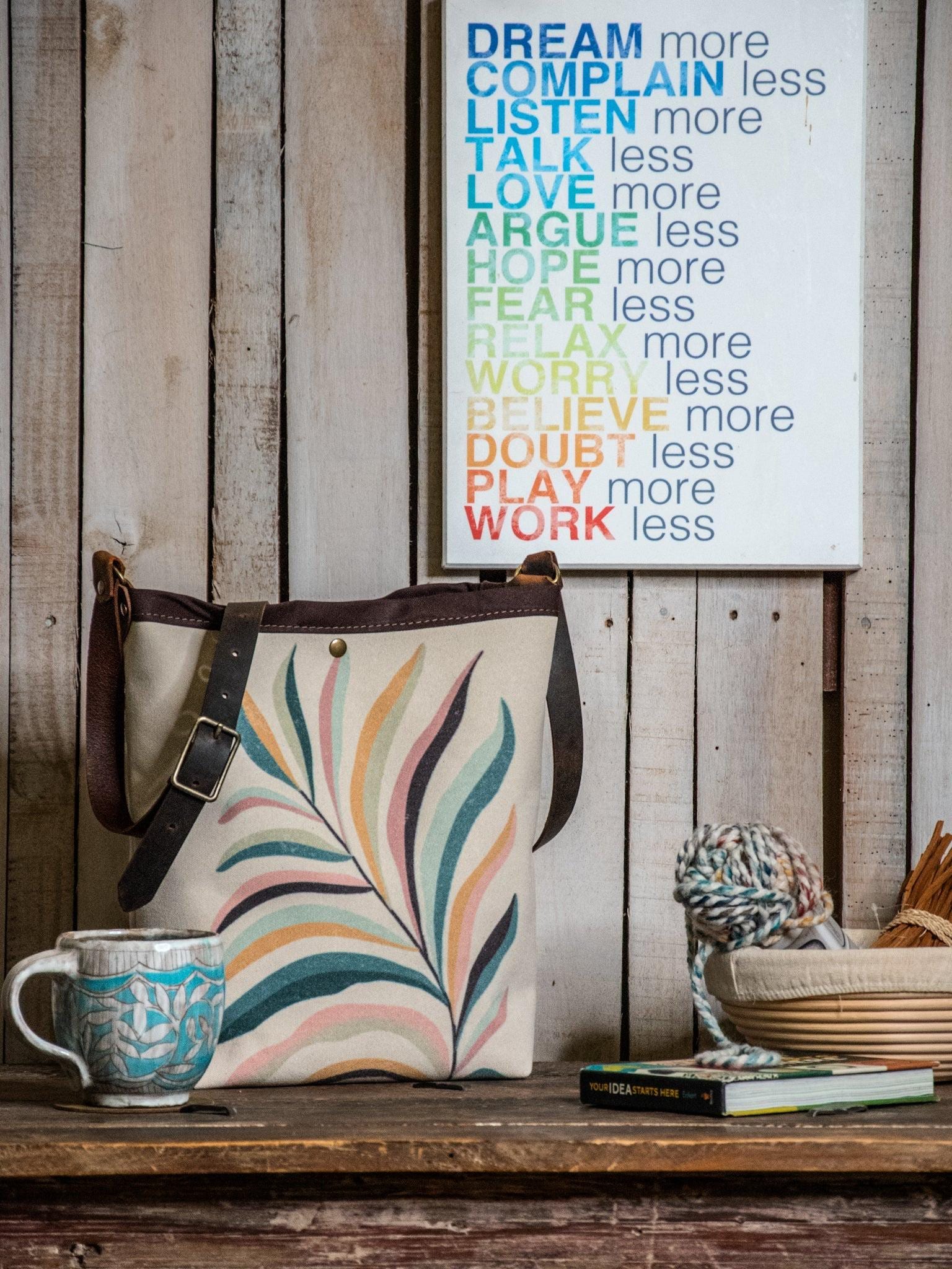 Canvas and Leather Tote Bag * Multicolor and Beige * Rainbow Fern Plant Leaf * In (Camp) Blue collab