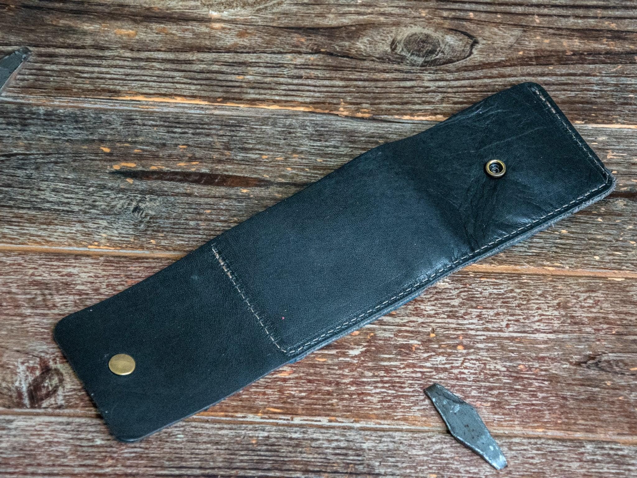 Leather Billfold Wallet * Tri - Toned Black/Blue/Wolf leather colors