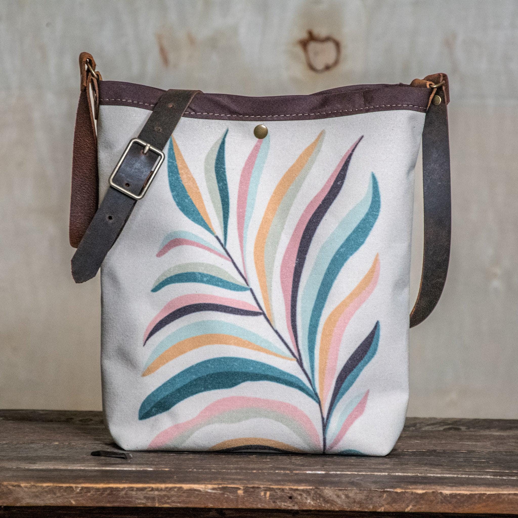 Canvas and Leather Tote Bag * Multicolor and Beige * Rainbow Fern Plant Leaf * In (Camp) Blue collab