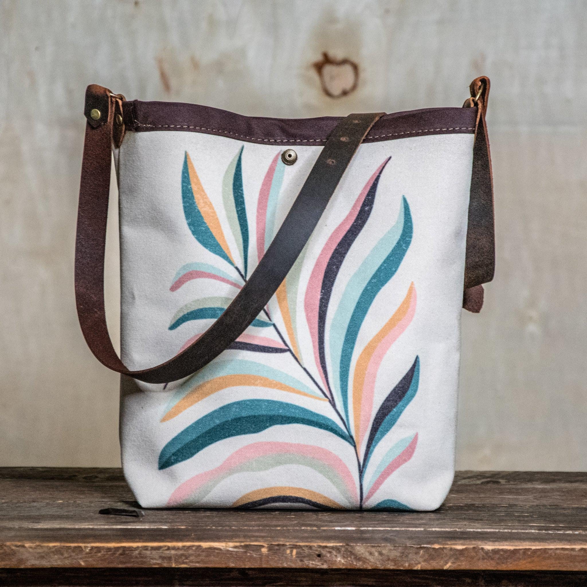 Canvas and Leather Tote Bag * Multicolor and Beige * Rainbow Fern Plant Leaf * In (Camp) Blue collab