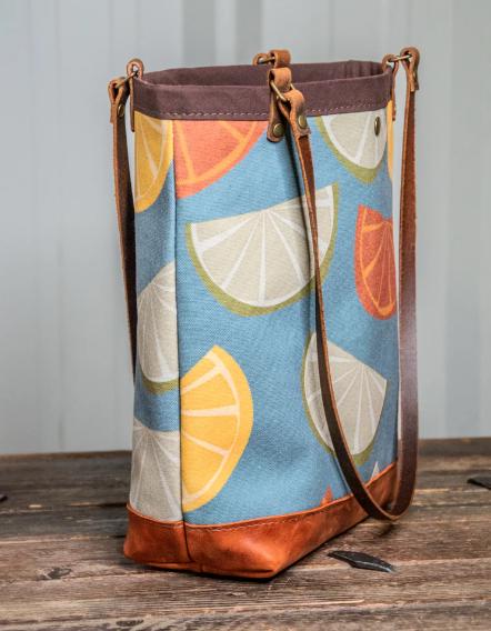 Waxed Canvas and Leather Shoulder purse | Snap top Tote bag | Fruit Slices