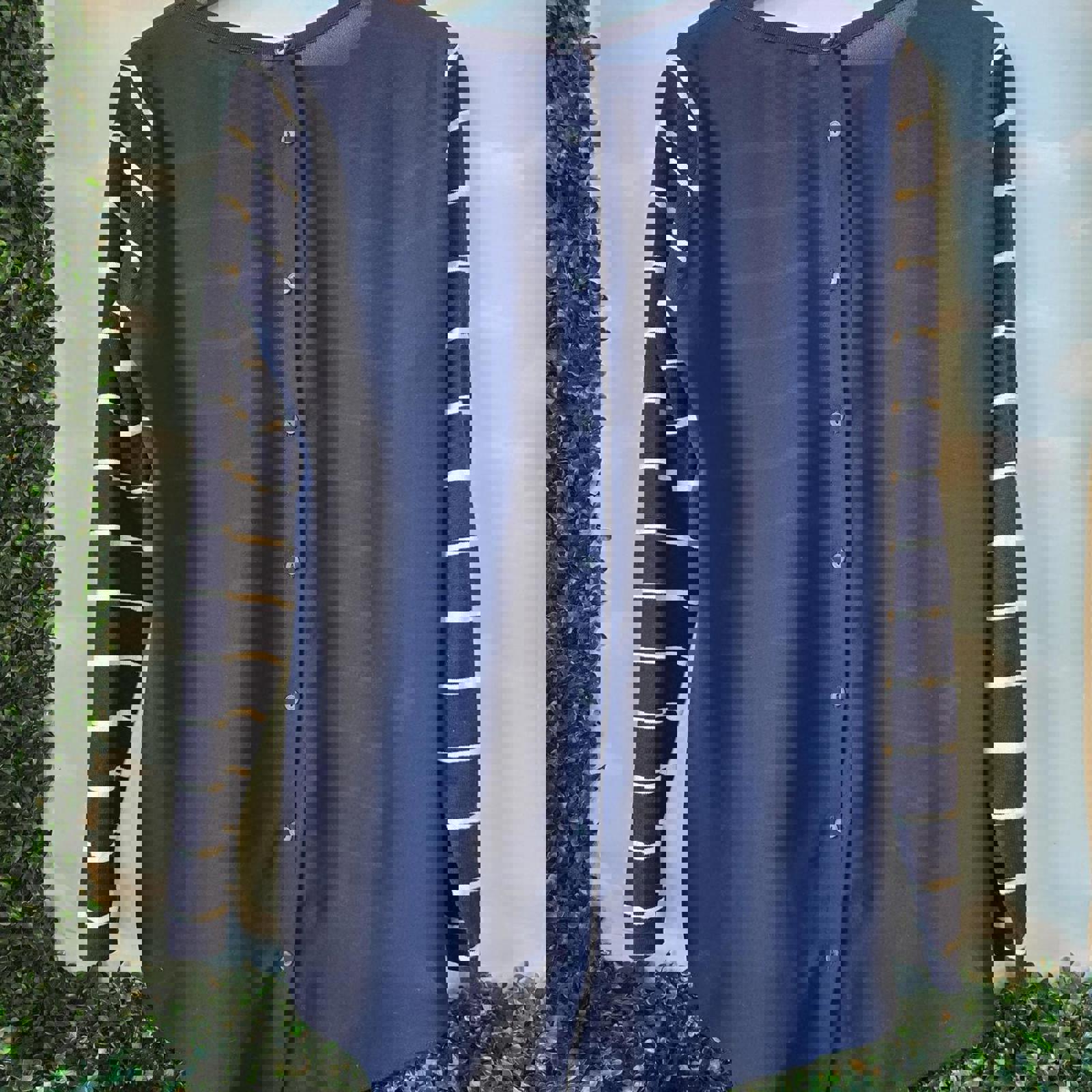 Navy blue and white striped long sleeve sheer button up back