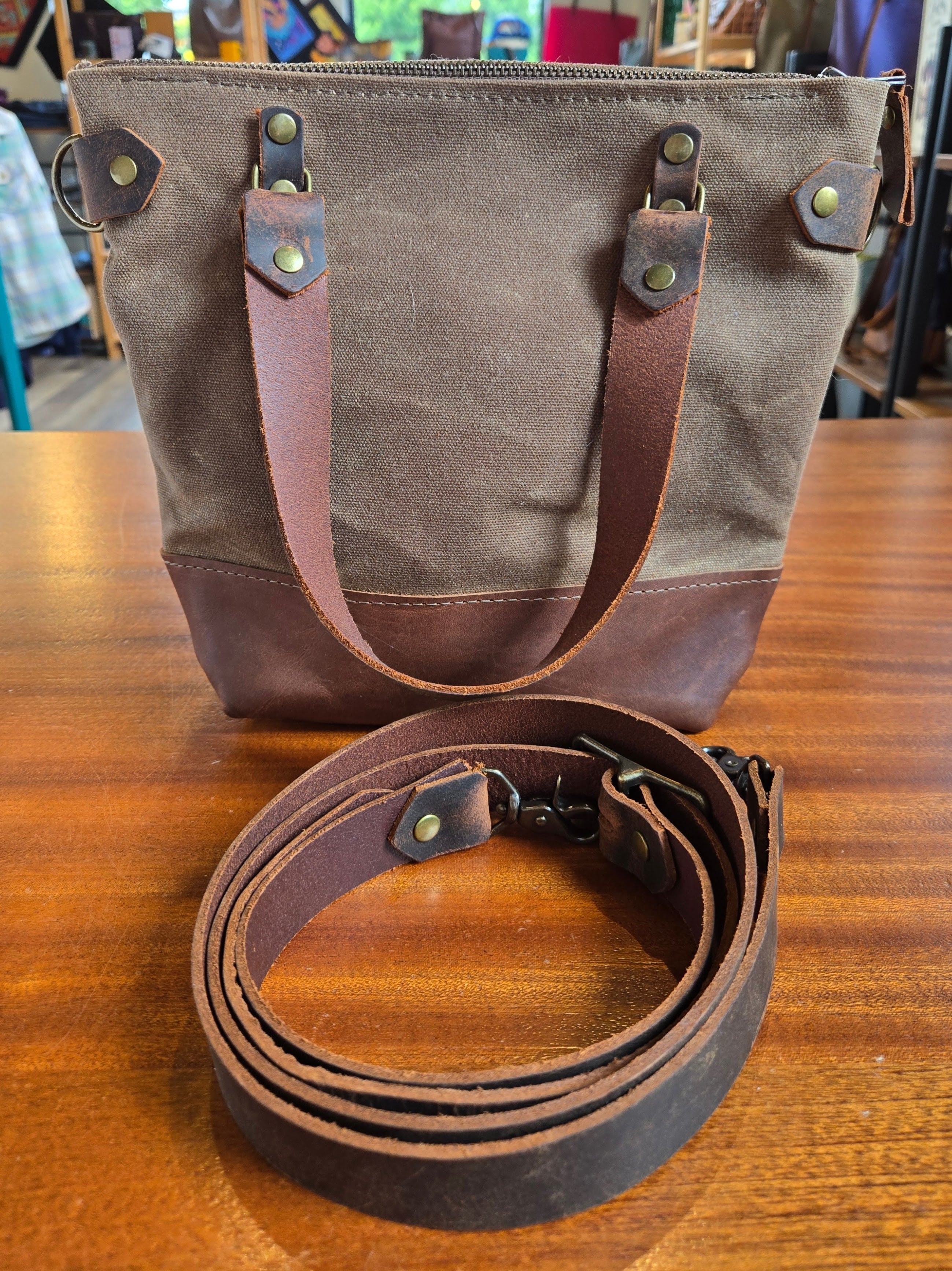Mini pecan Waxed Canvas & Leather Tote