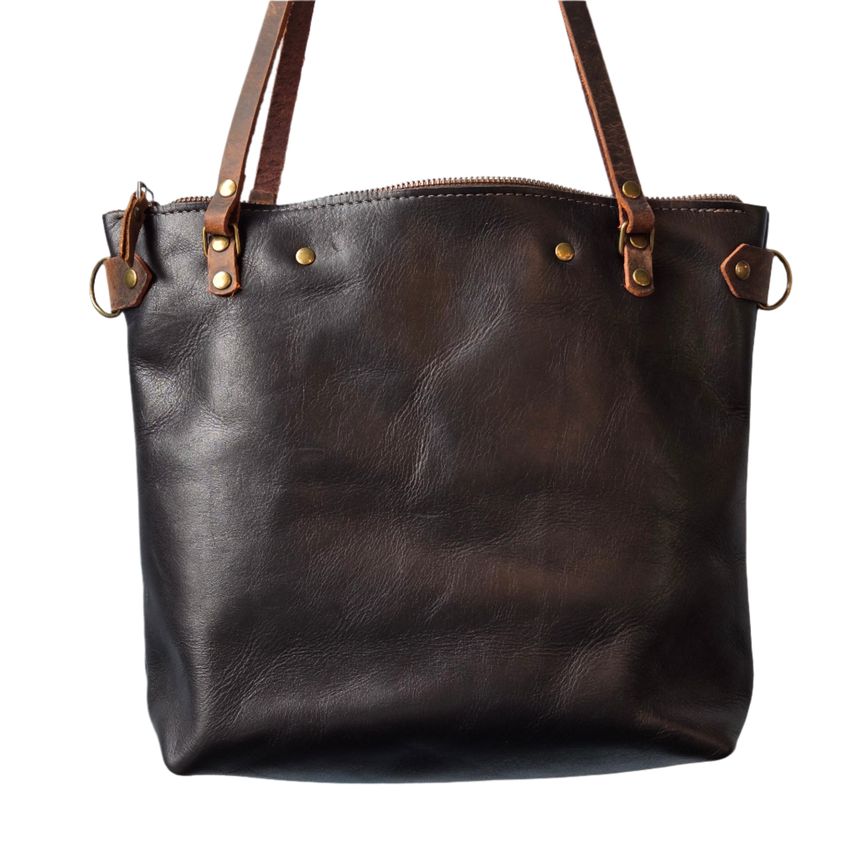 Handmade Classic Leather Tote Bag * Small Black * Shoulder Straps + Crossbody