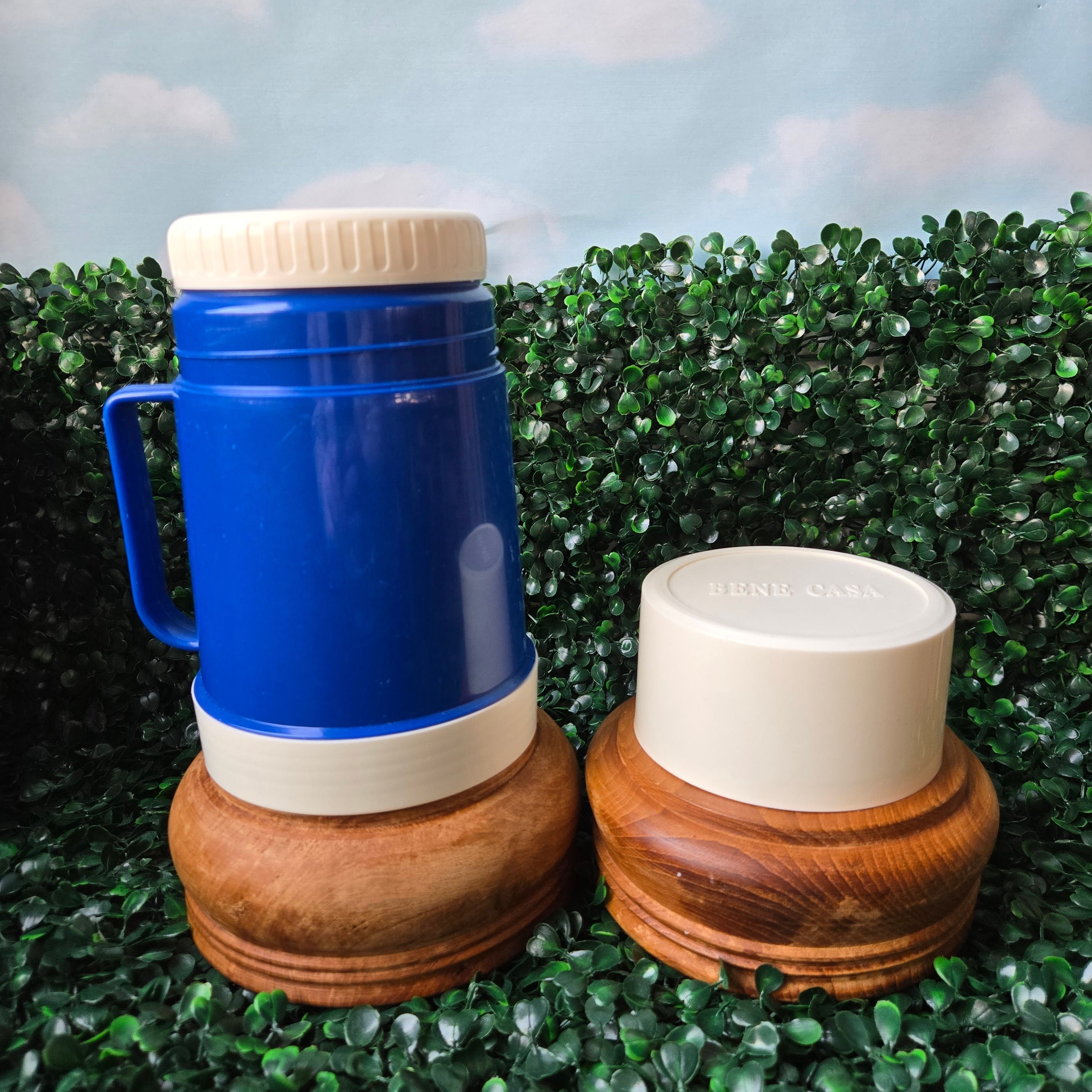 Vintage Bene Casa Brand Tumbler * Blue and White Travel Coffee Mug * Curated Secondhand *Camping Thermos