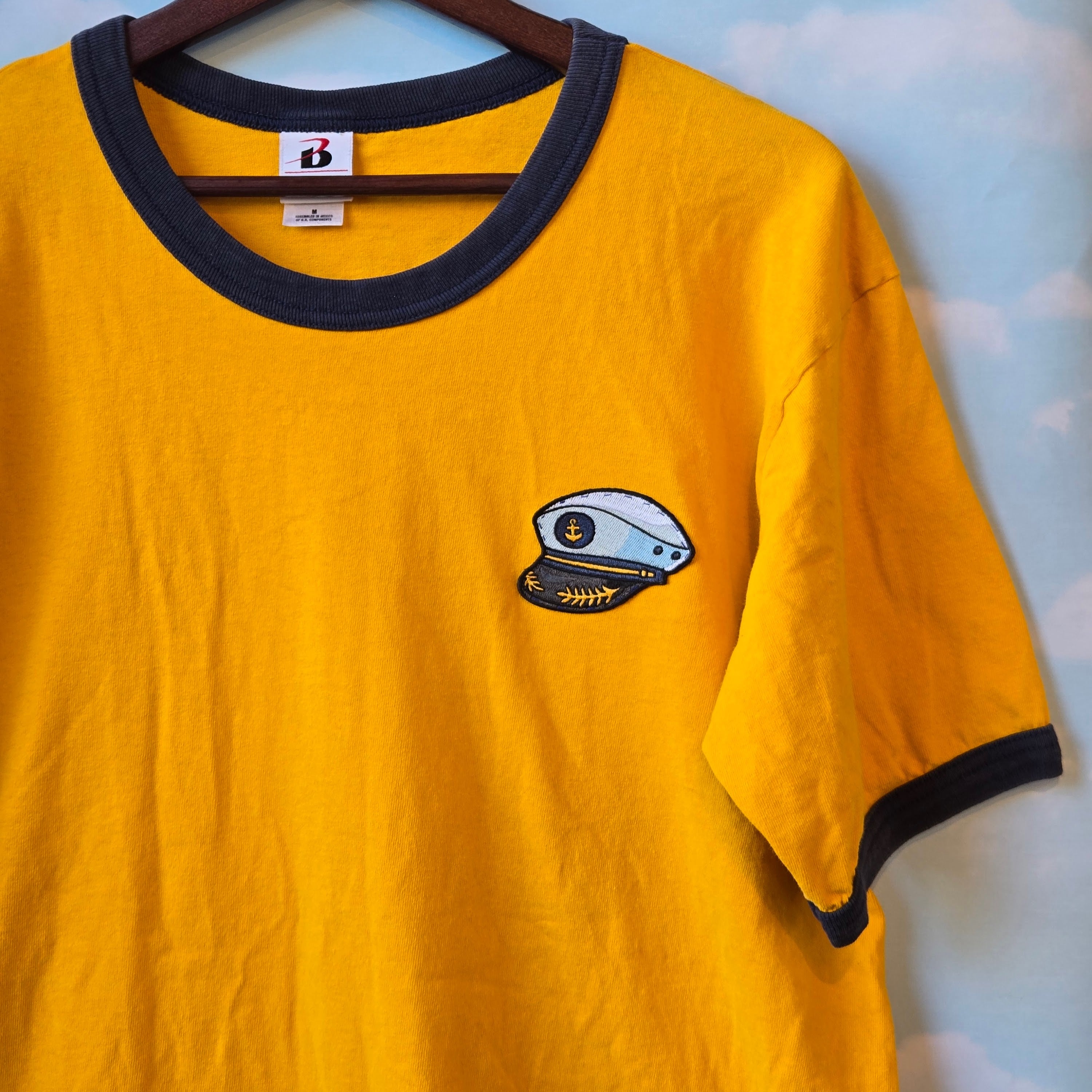 O' Captain my Captain Embroidered Patch * Upcycled Ringer Tshirt * Mustard and Blue Shirt