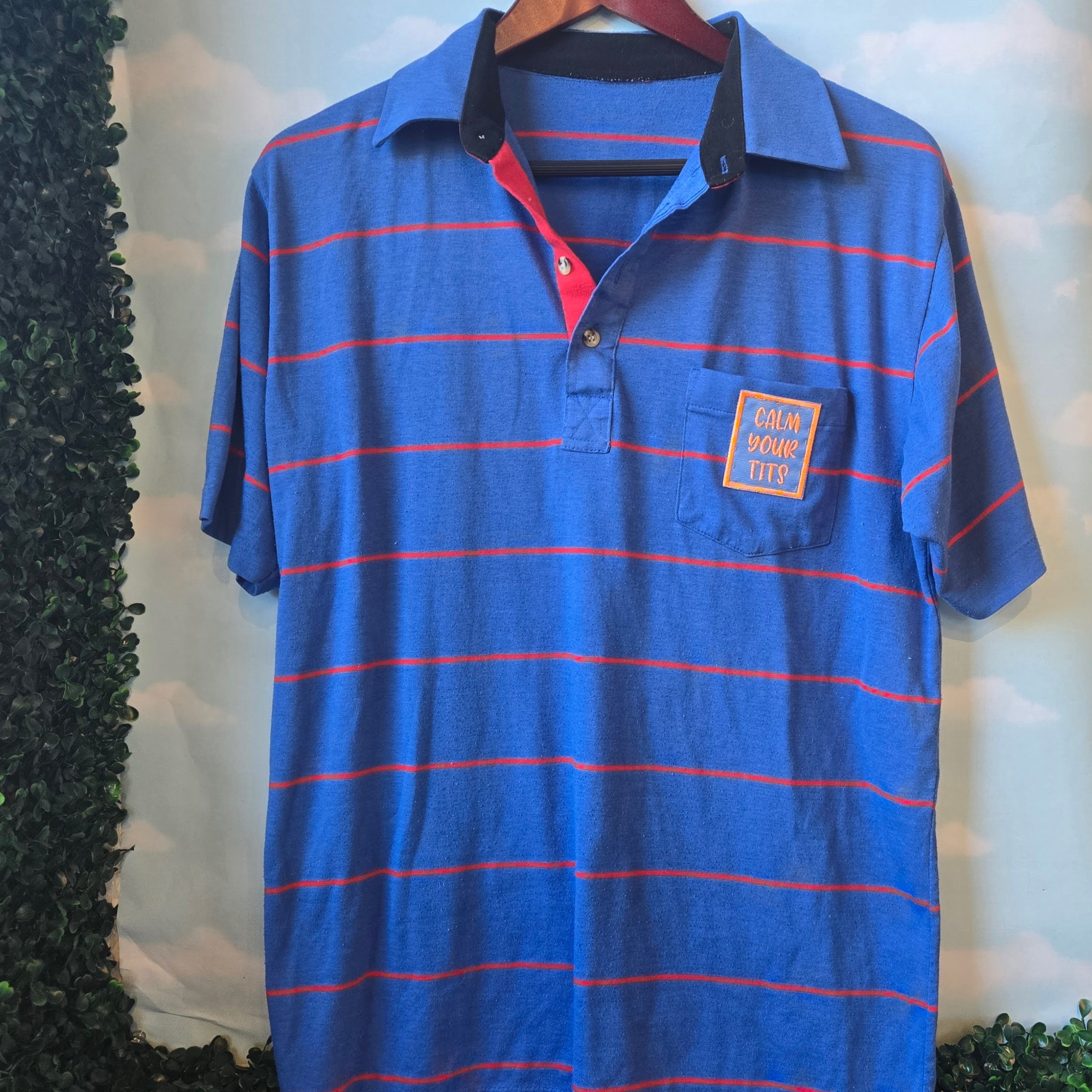 Calm your Tits Embroidered Patch * Upcycled polo shirt * 80s Striped Shirt