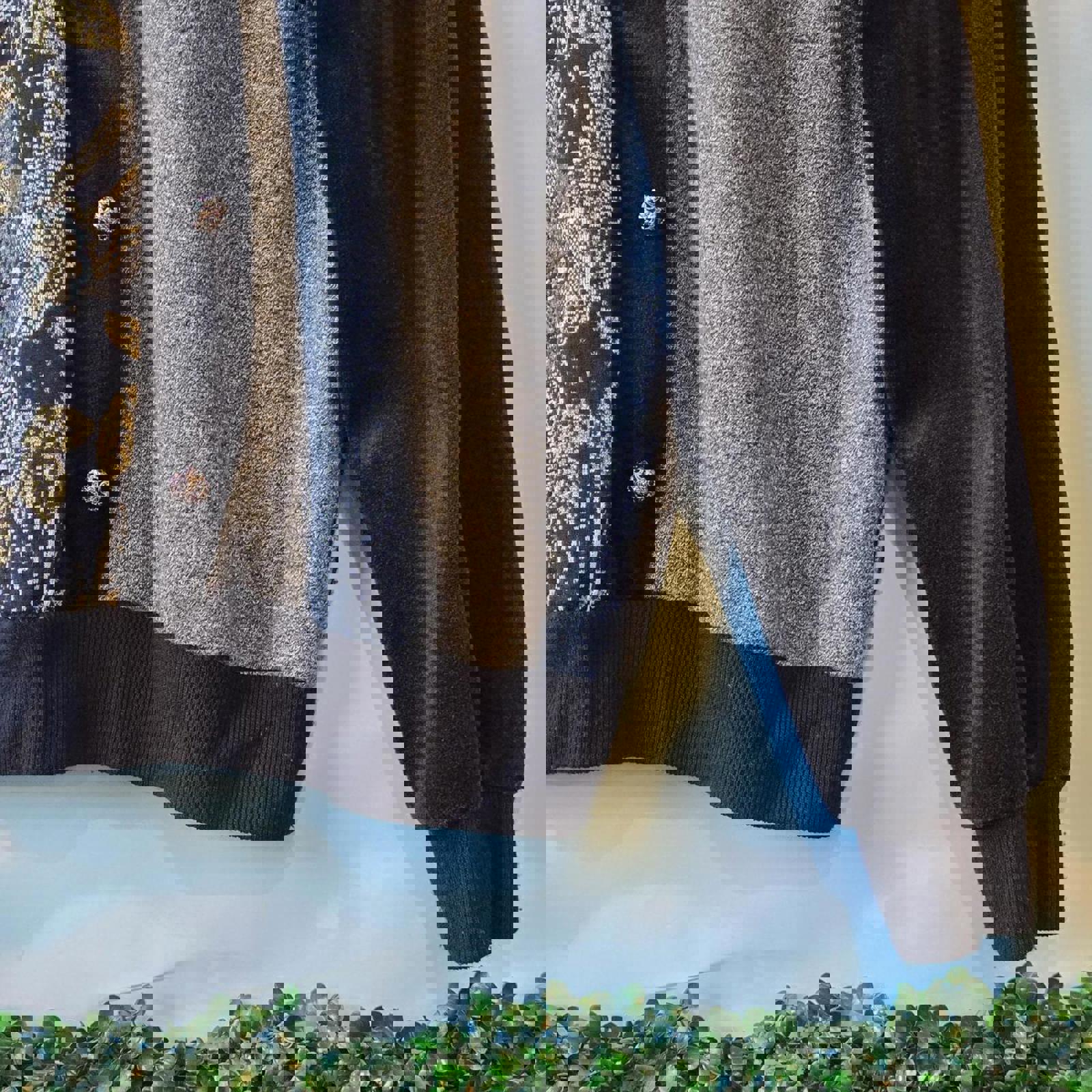 Collared Patchwork Black gold floral faux button-up cardigan