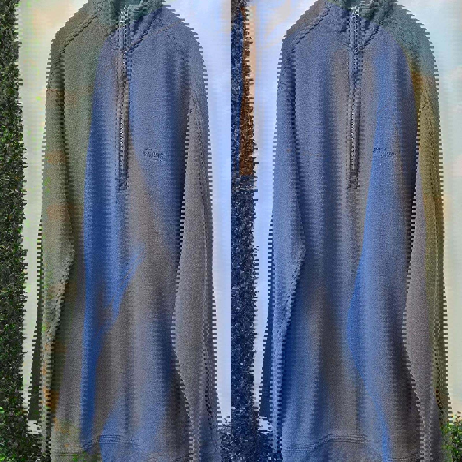 Blue Columbia quarter zip sweatshirt with brown trim