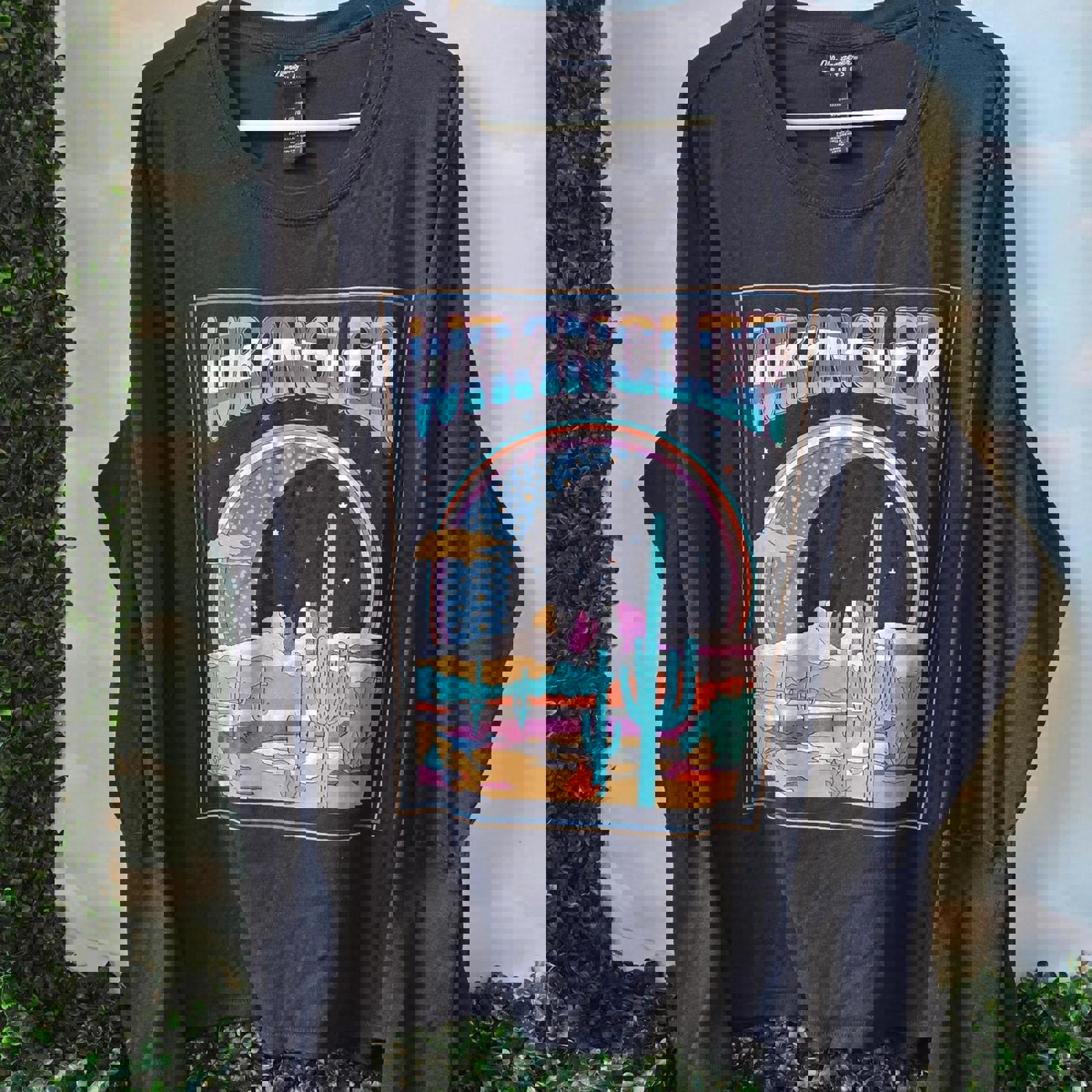 Black Wrangler long sleeve shirt with retro desert graphic