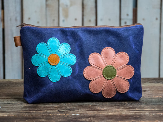 Duel Floral | Large Waxed Canvas Applique Pouch | In Blue Handmade