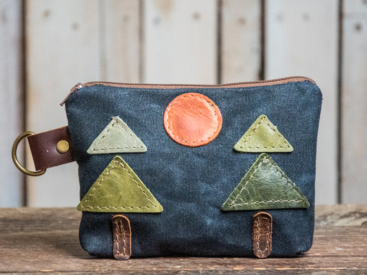 Dark forest | Medium Waxed Canvas Applique Pouch | In Blue Handmade