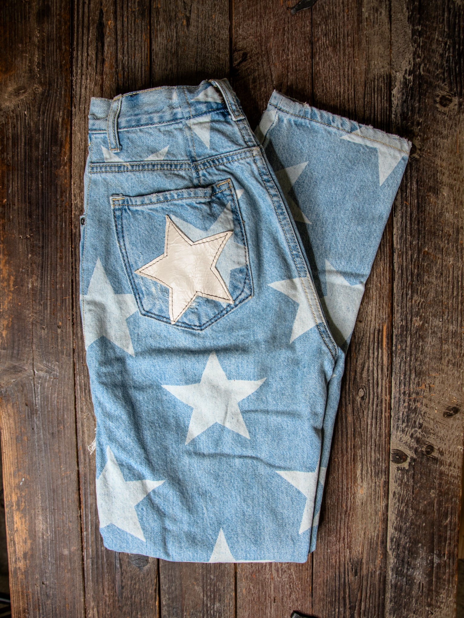 Distressed Upcycled Denim * 24 waist * Distressed Leather Stars