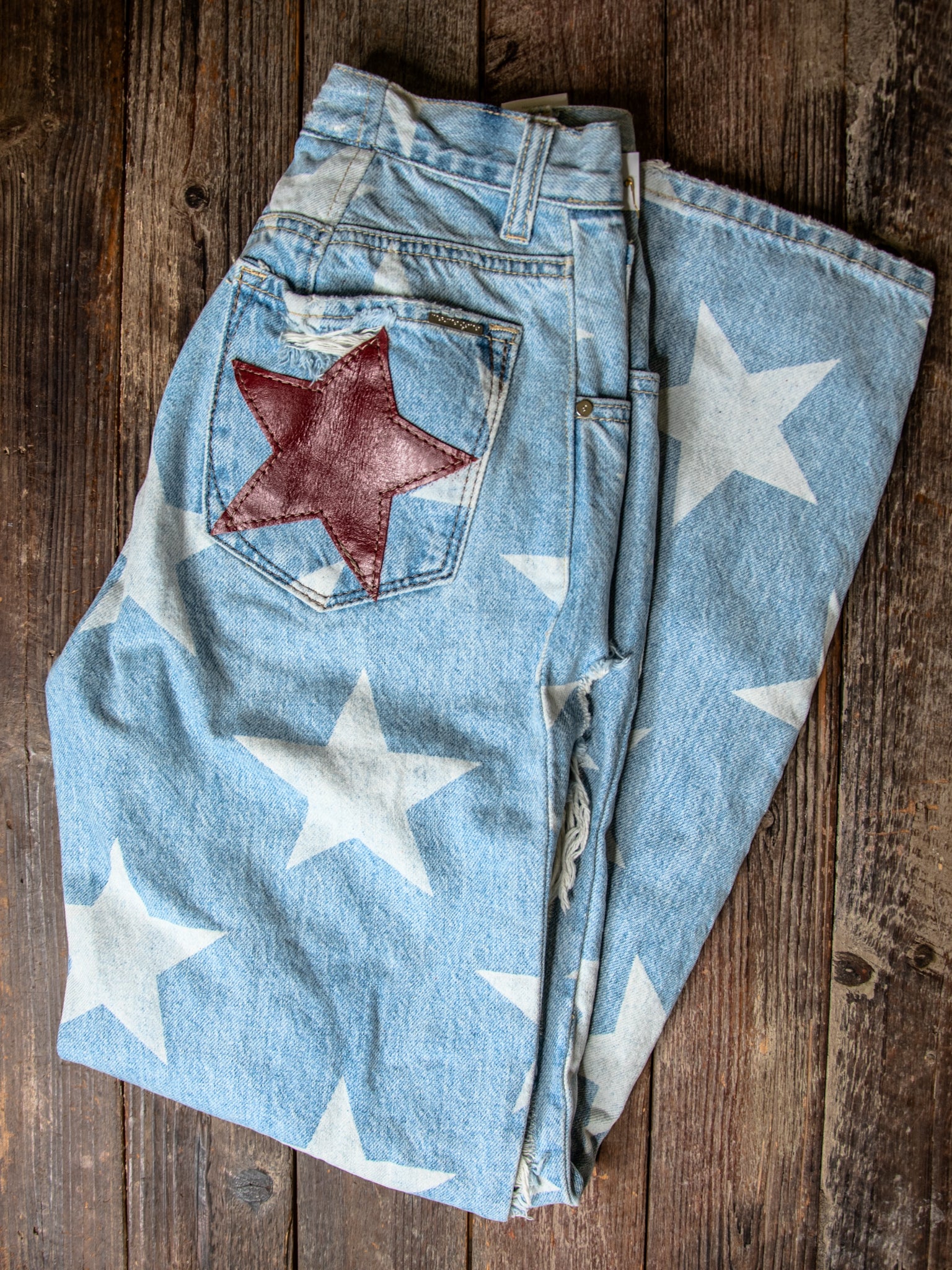 Distressed Upcycled Denim * 24 waist * Distressed Leather Stars