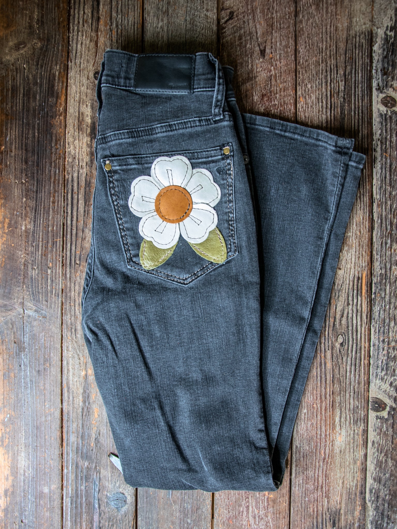 Black Denim * 23 Waist * Upcycled Madewell Jeans * Daisy Back Pocket Detail