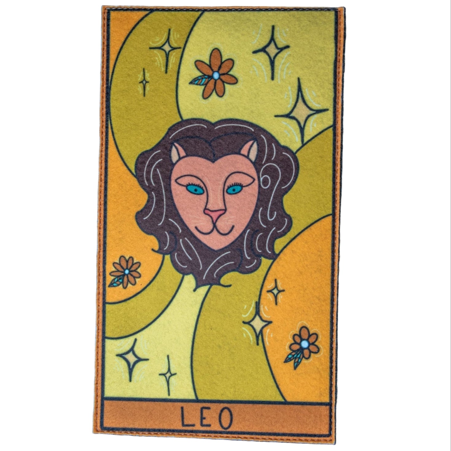 Leo zodiac card with a stylized lion face on a felt flag