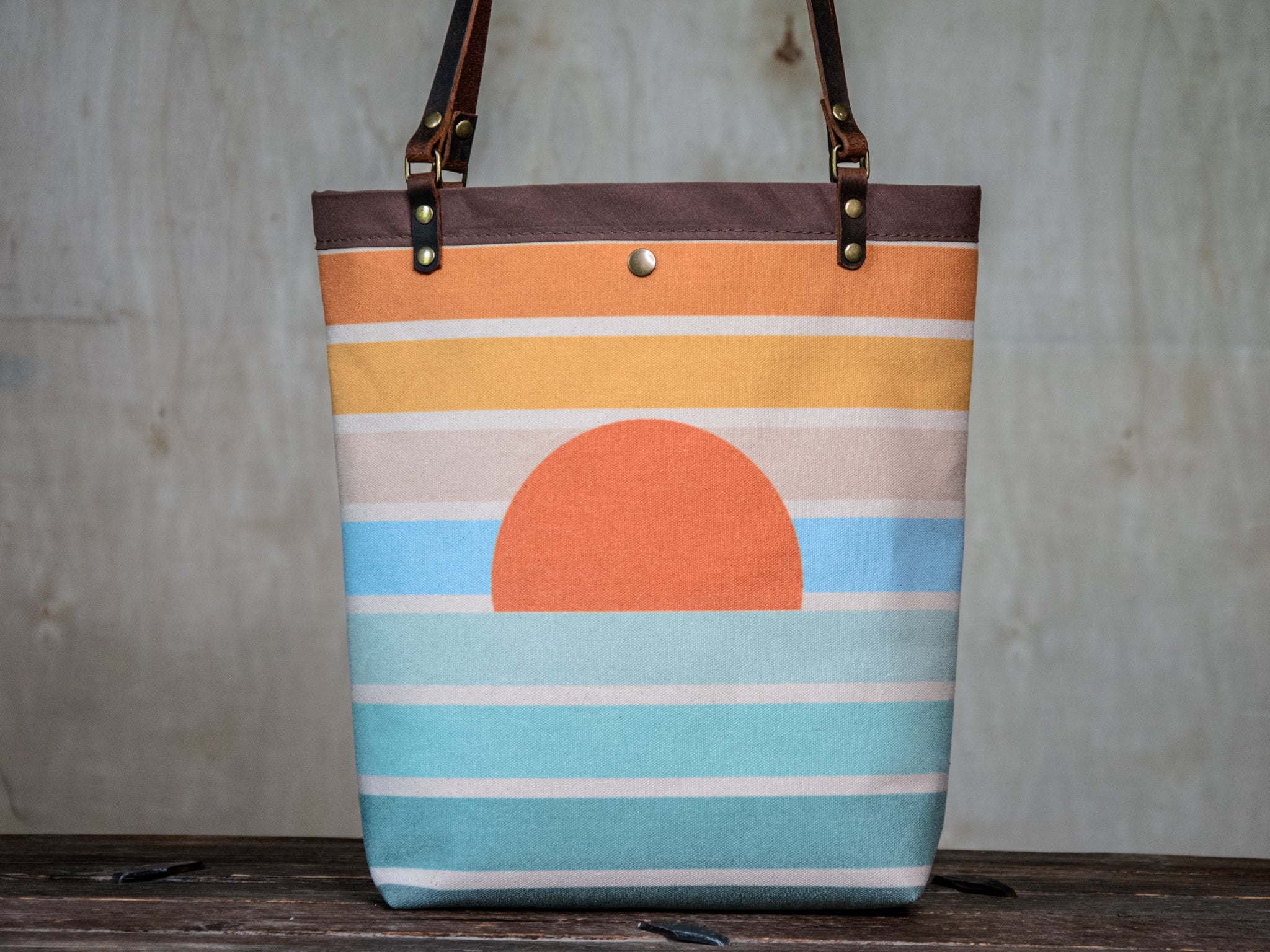 Canvas and Leather Tote Bag Coastal Sunrise | Handprinted | In (Camp) Blue collab
