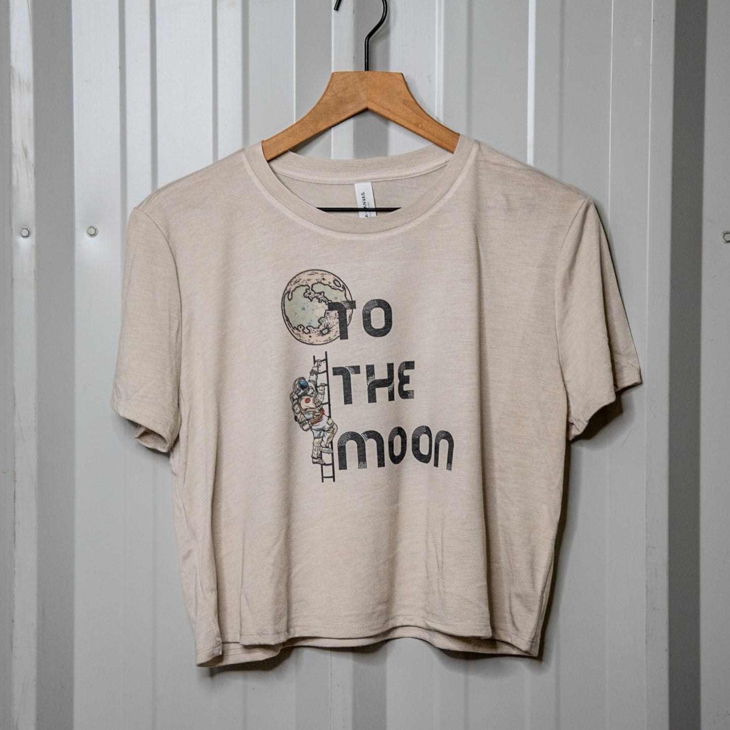 Handprinted T-shirt | To the Moon | Oatmeal Flowy Crop