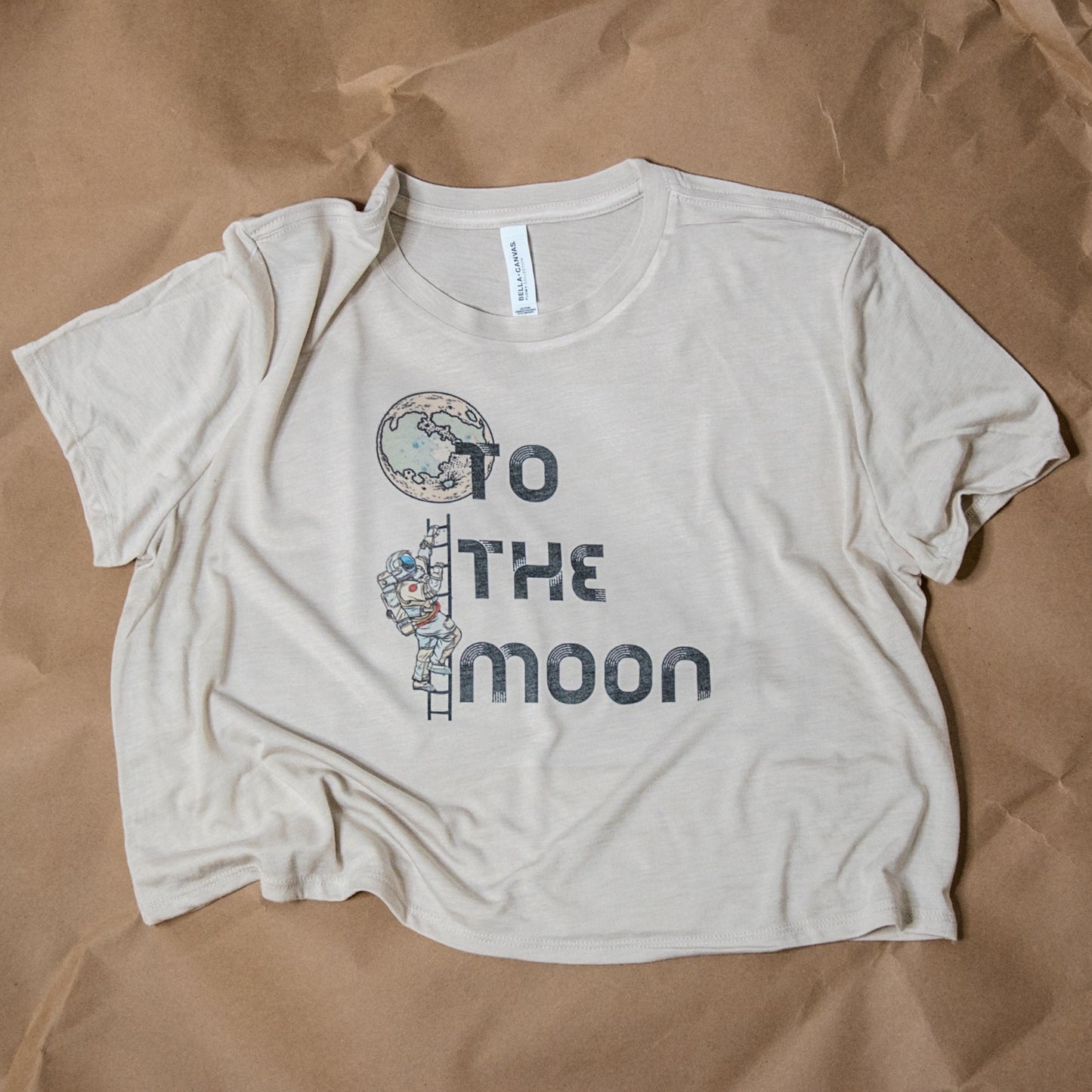 Handprinted T-shirt | To the Moon | Oatmeal Flowy Crop