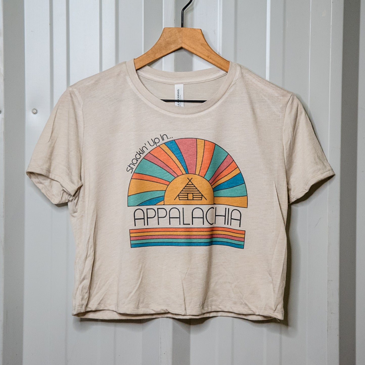 Handprinted T-shirt | Shackin' Up in Appalachia | Oatmeal Flowy Crop