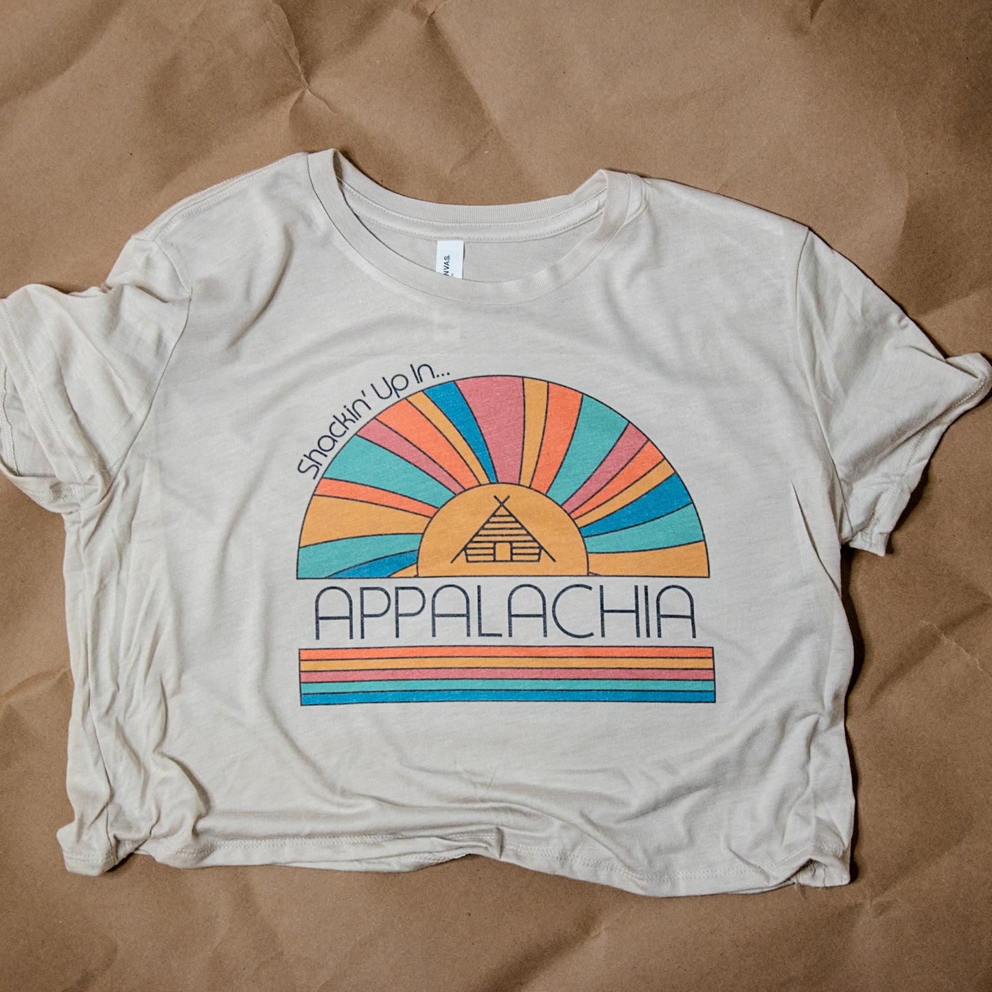 Handprinted T-shirt | Shackin' Up in Appalachia | Oatmeal Flowy Crop