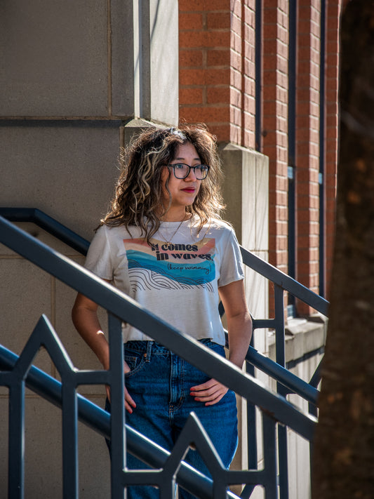 Handprinted T-shirt | It Comes in Waves | Oatmeal Flowy Crop