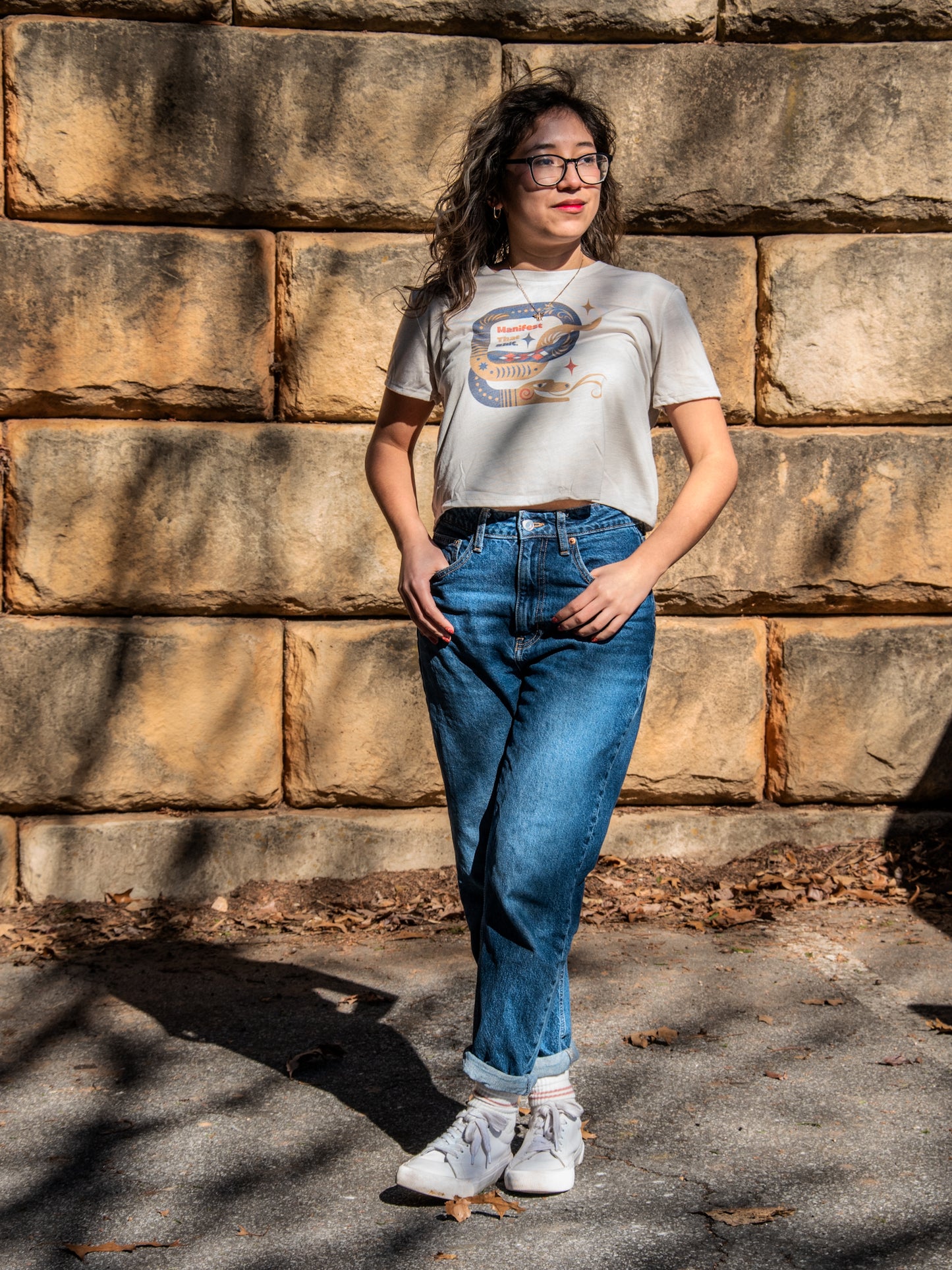 Handprinted T-shirt | Manifest that Shit | Oatmeal Flowy Crop