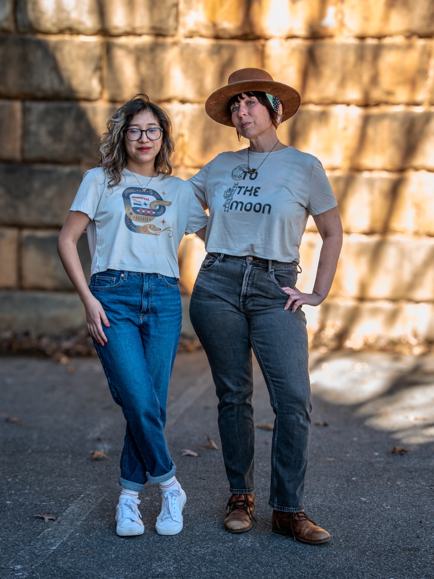 Handprinted T-shirt | To the Moon | Oatmeal Flowy Crop