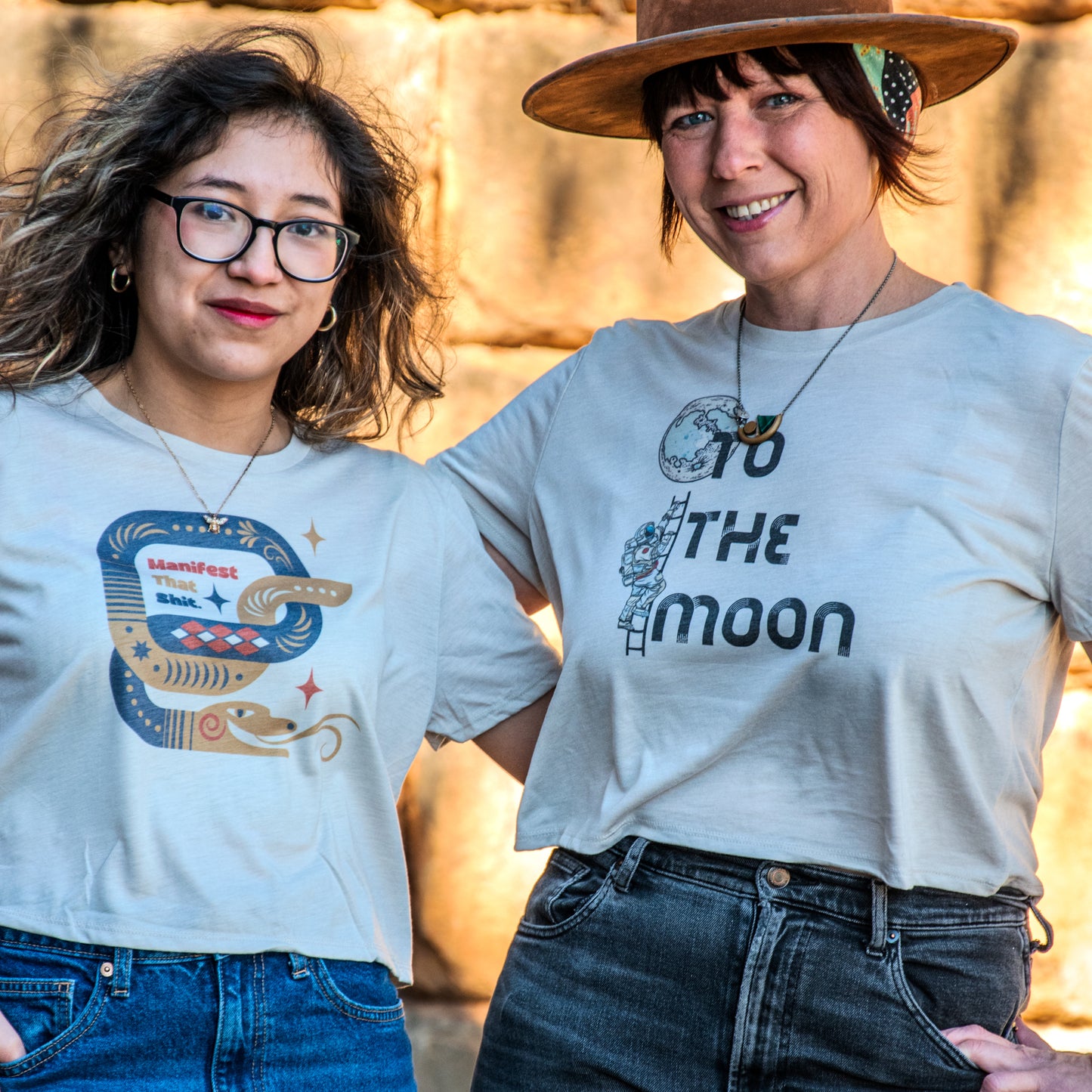 Handprinted T-shirt | To the Moon | Oatmeal Flowy Crop