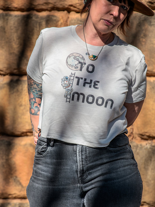 Handprinted T-shirt | To the Moon | Oatmeal Flowy Crop