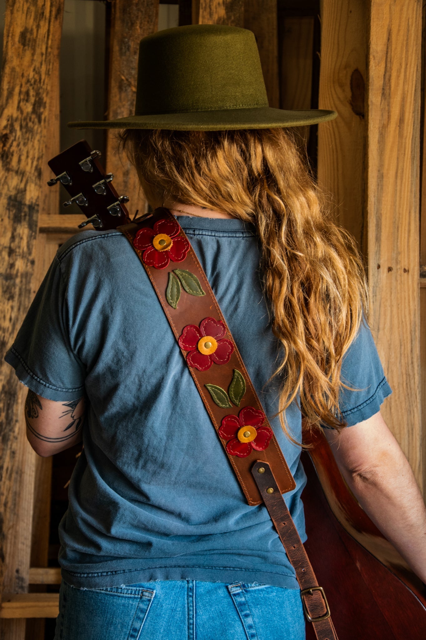 Leather applique Guitar Strap * Green and Red Floral