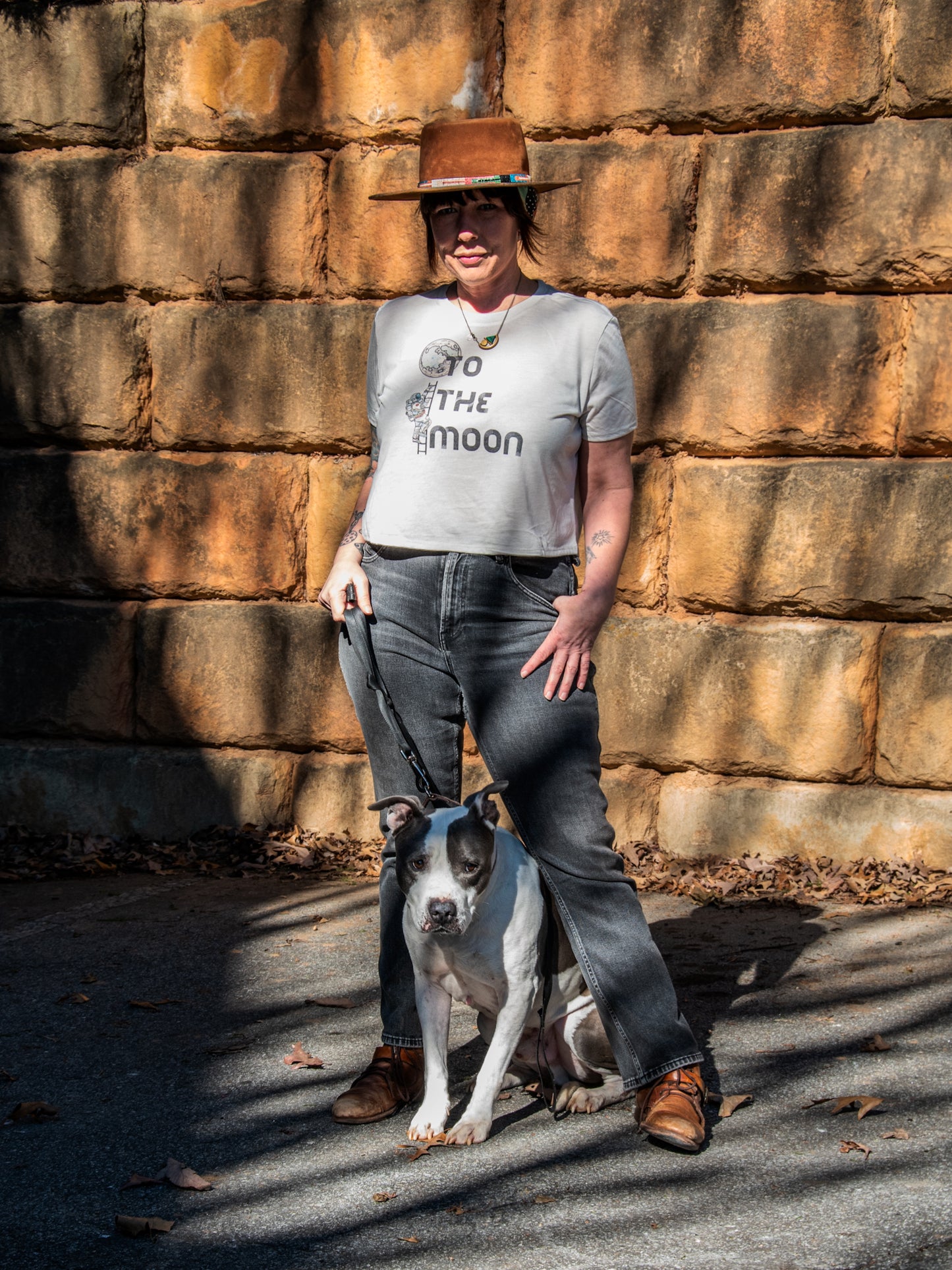 Handprinted T-shirt | To the Moon | Oatmeal Flowy Crop