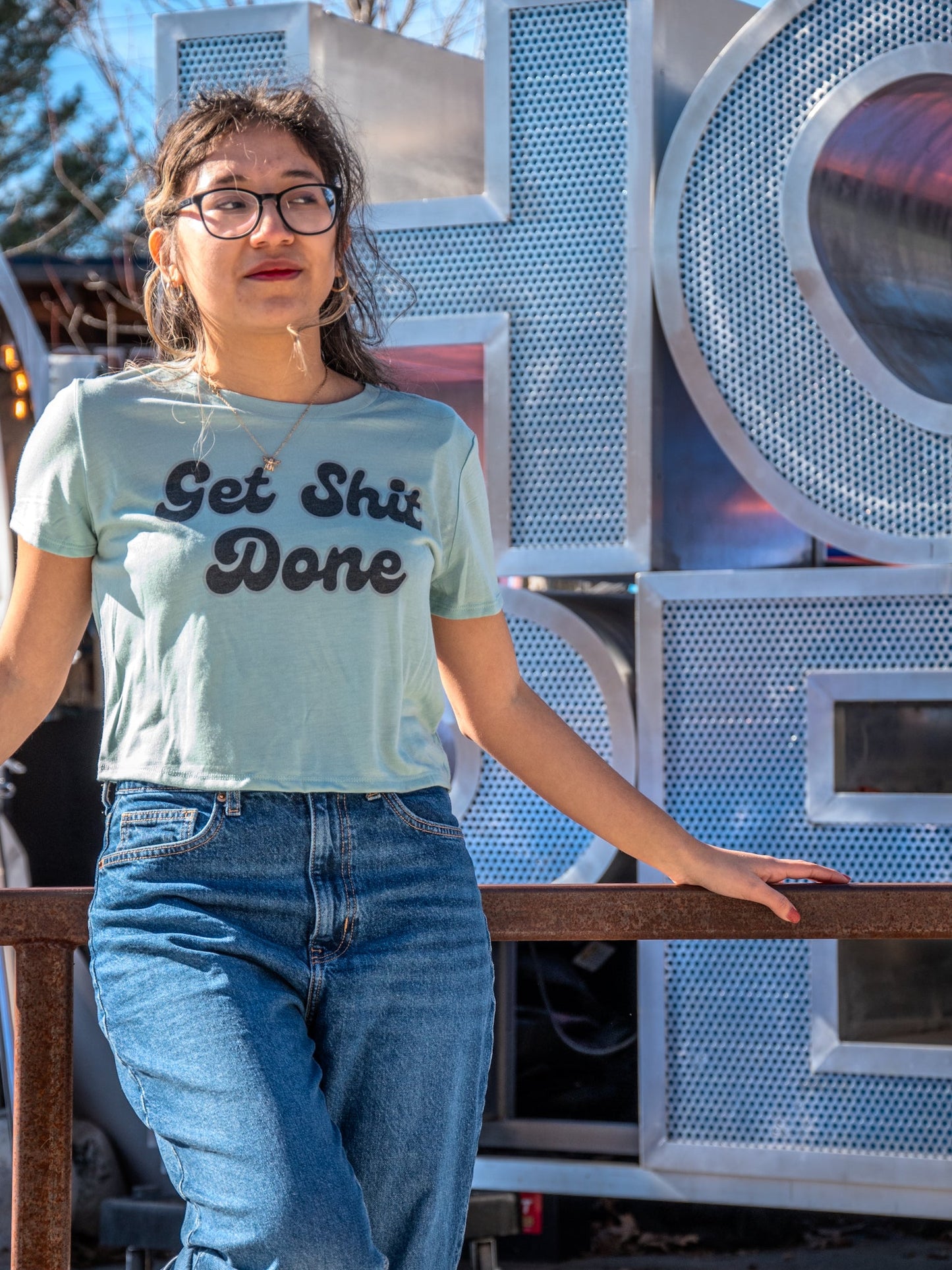 Handprinted T-shirt | Get Shit Done | Dusty Blue | Flowy Crop