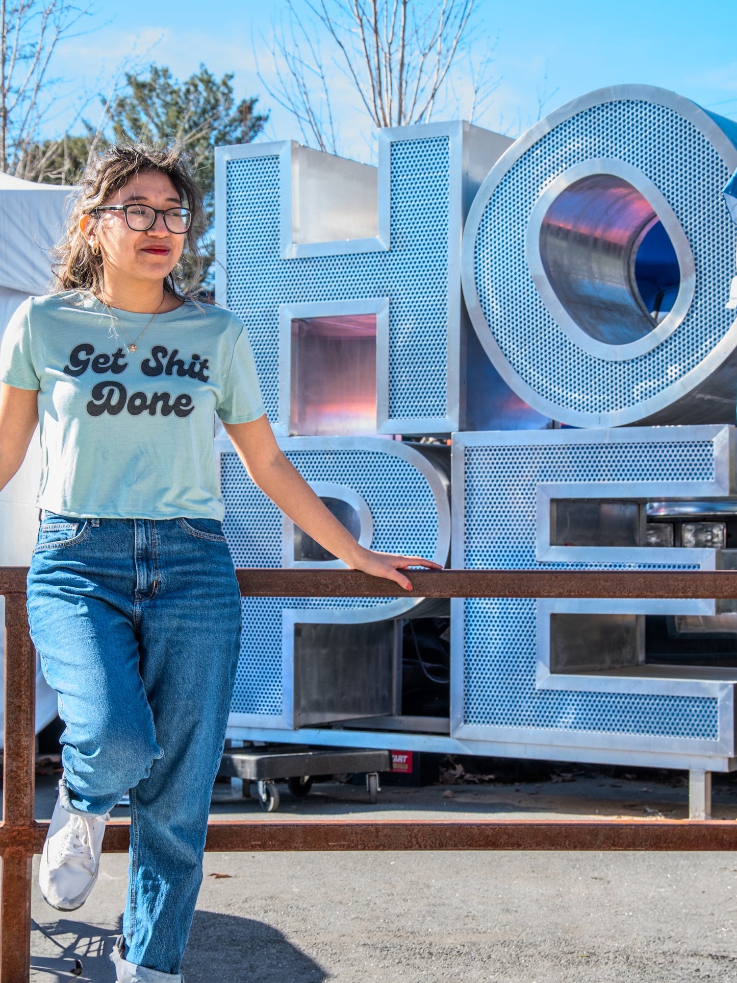 Handprinted T-shirt | Get Shit Done | Dusty Blue | Flowy Crop