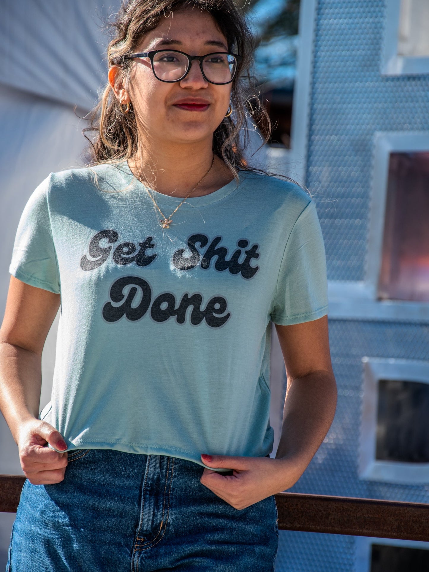 Handprinted T-shirt | Get Shit Done | Dusty Blue | Flowy Crop