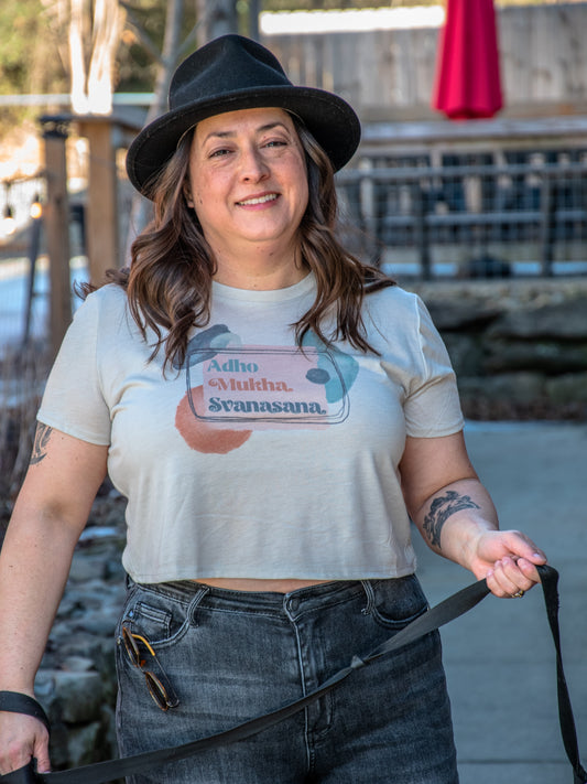 Handprinted T-shirt | Downward Facing Dog | Oatmeal Flowy Crop