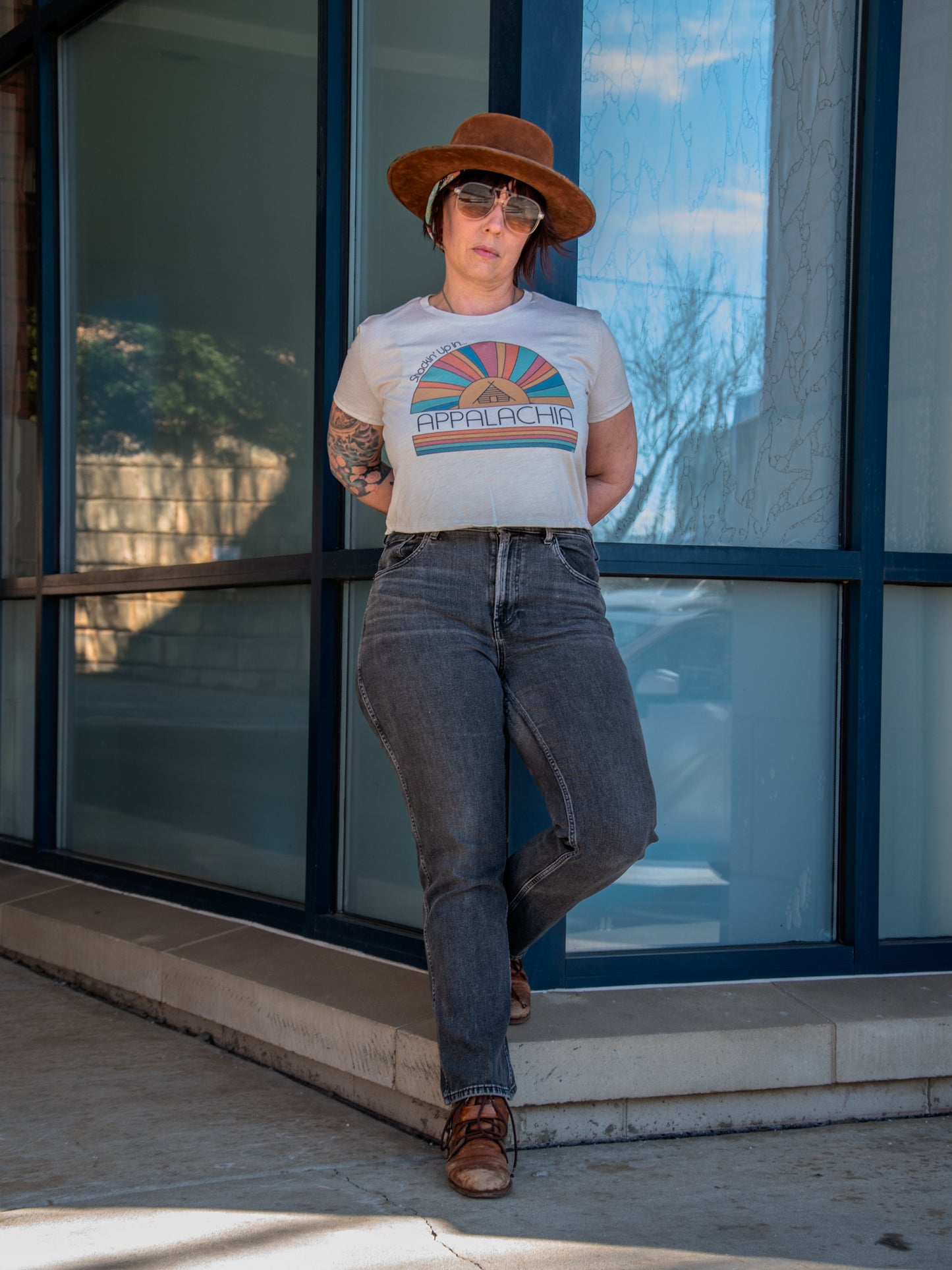 Handprinted T-shirt | Shackin' Up in Appalachia | Oatmeal Flowy Crop