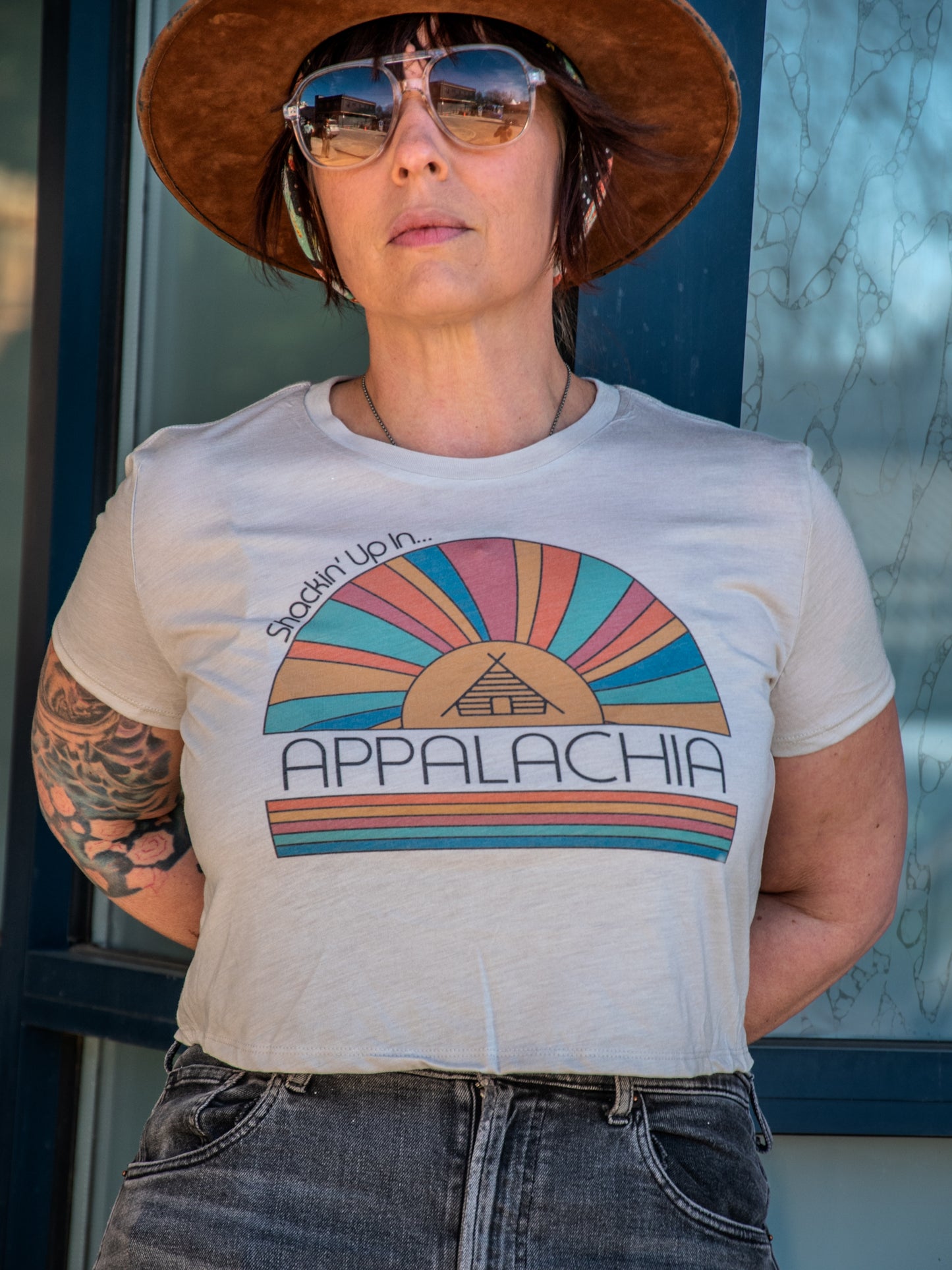 Handprinted T-shirt | Shackin' Up in Appalachia | Oatmeal Flowy Crop