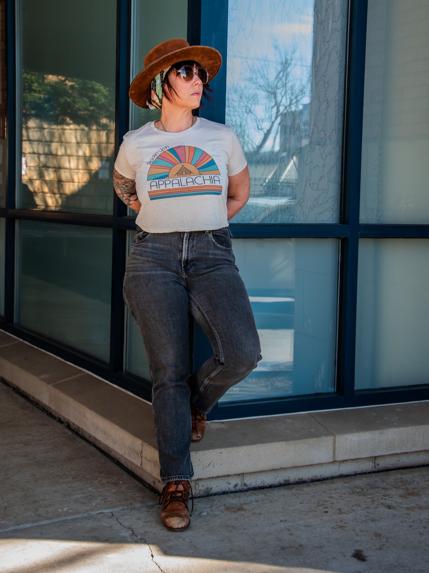 Handprinted T-shirt | Shackin' Up in Appalachia | Oatmeal Flowy Crop