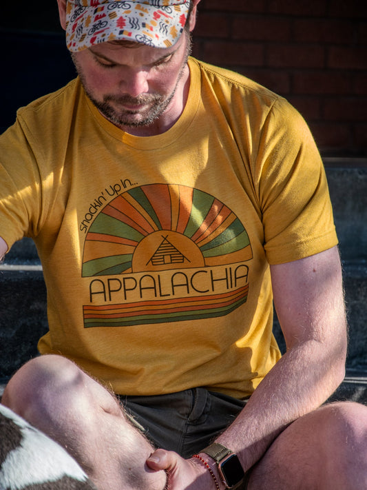 Handprinted T-shirt | Shackin' Up in Appalachia | Unisex Tri-Blend Mustard Tee