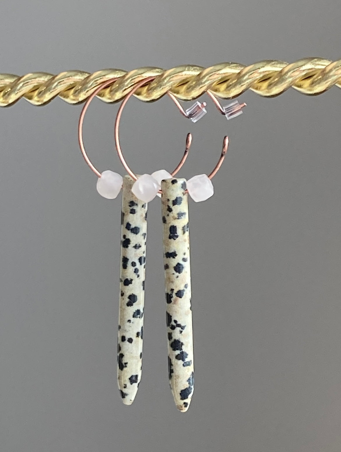 DALMATIAN JASPER POINT + ROSE QUARTZ | GEMSTONE CRYSTAL Earrings