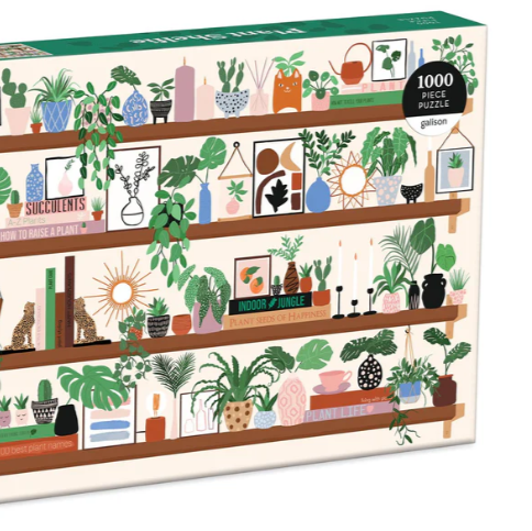 Puzzle box with illustration of shelves filled with plants and decor items