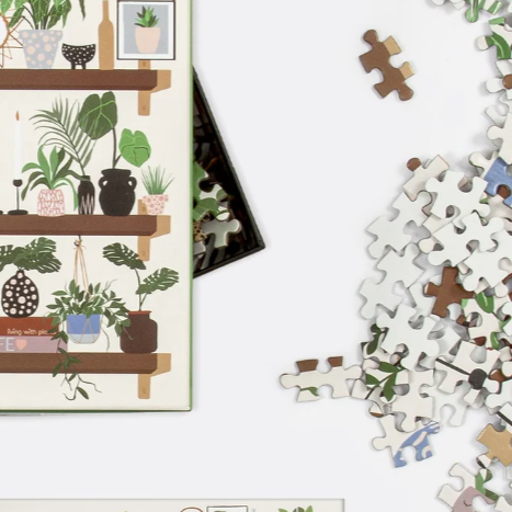 Collage of a bookshelf with plants and a jigsaw puzzle with gingerbread men on a white background
