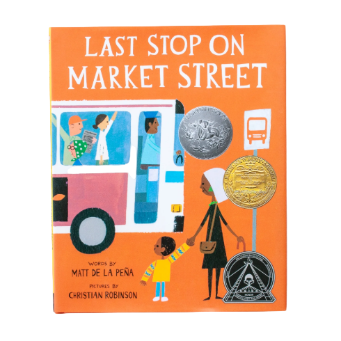 Book cover of 'Last Stop on Market Street' with illustrations and text.
