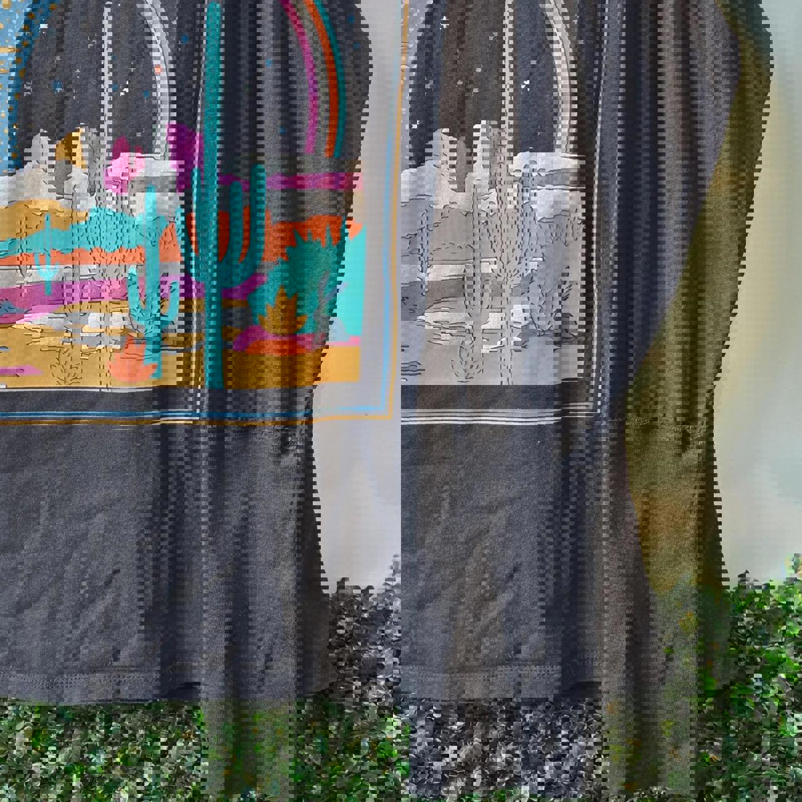 Black Wrangler long sleeve shirt with retro desert graphic