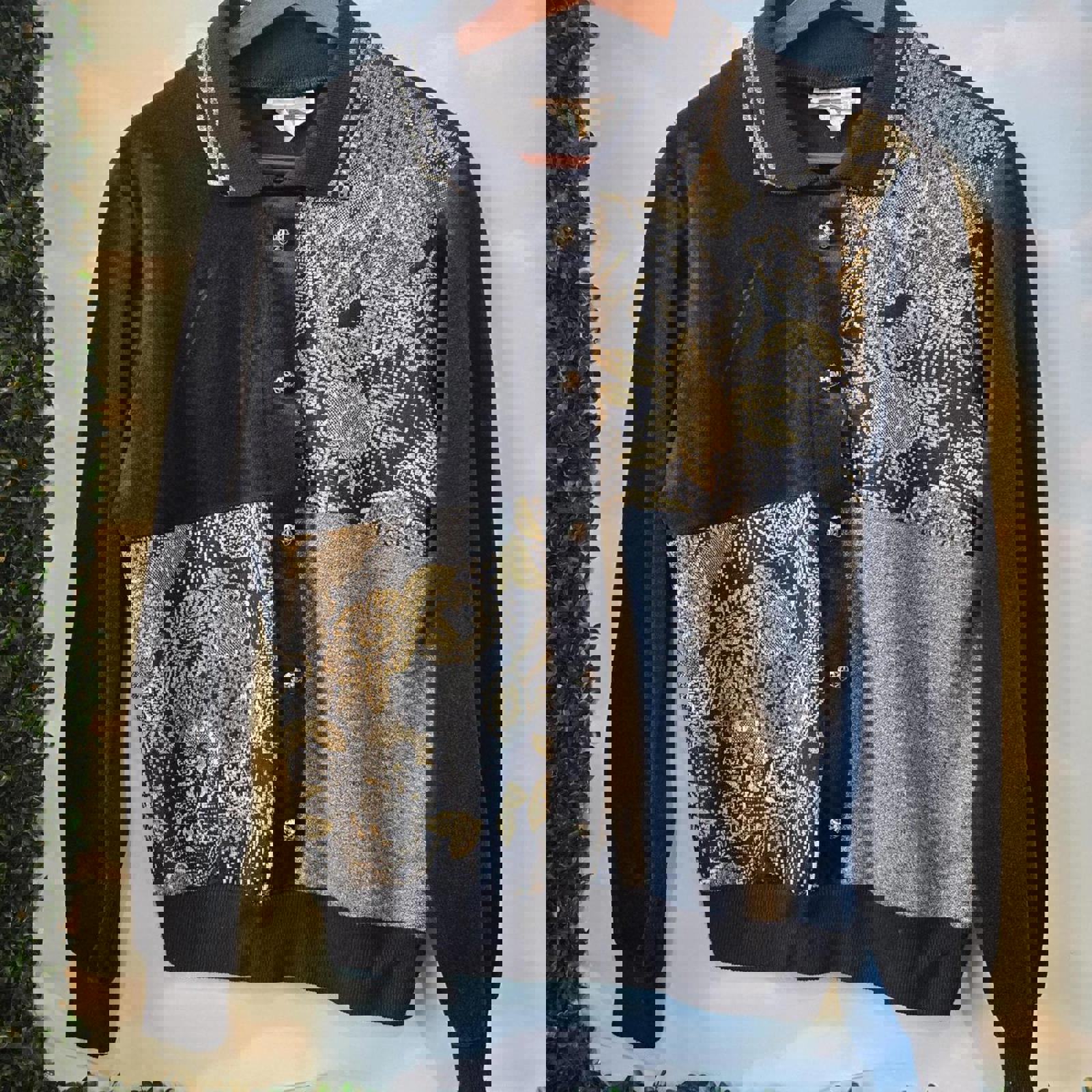 Collared Patchwork Black gold floral faux button-up cardigan